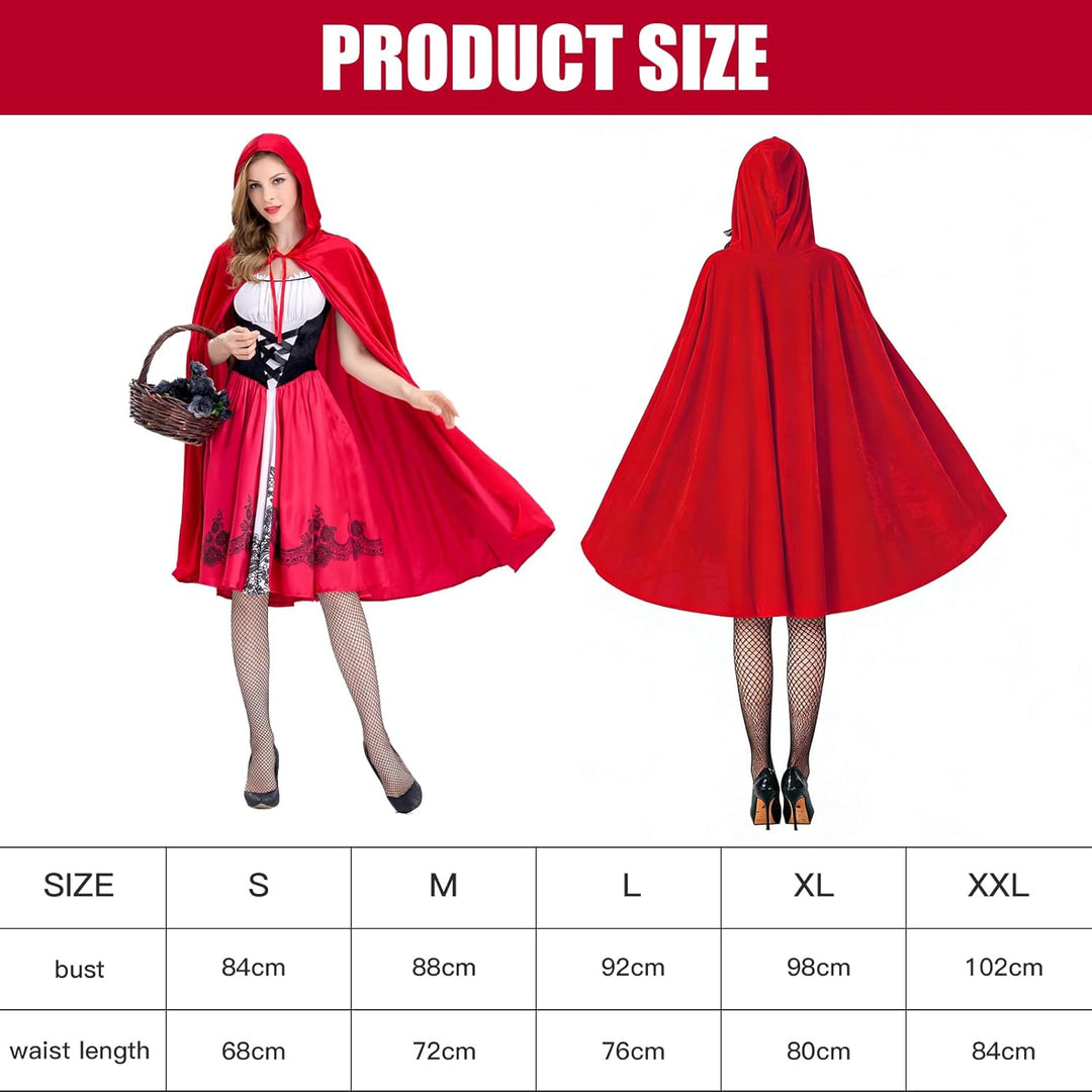 Rotkäppchen Kostüm Damen, Rotkäppchen Umhang mit Kleid und Schwarze Strümpfe, Märchen Kostüm Damen G