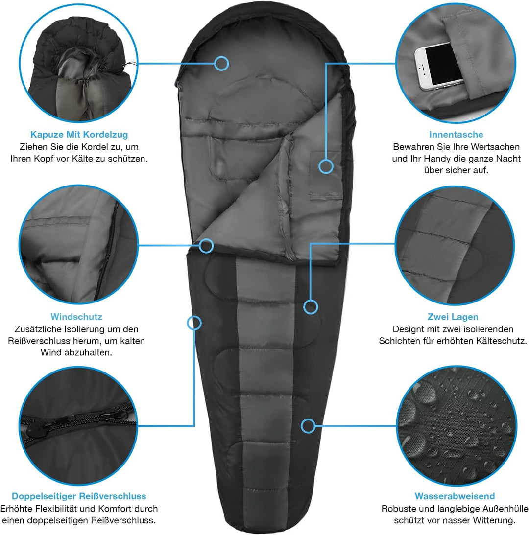 Active Era Mumienschlafsack – Schlafsack Winter und Sommer, -10°C bis 10°C - Wasserabweisend und Win
