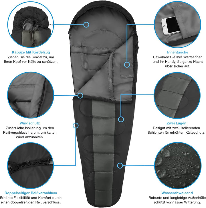 Active Era Mumienschlafsack – Schlafsack Winter und Sommer, -10°C bis 10°C - Wasserabweisend und Win