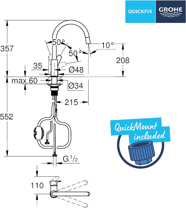 GROHE Start Edge QuickFix - 1-Hebel-Küchenarmatur mit Ausziehfunktion (hoher C-Auslauf, 360° Schwenk