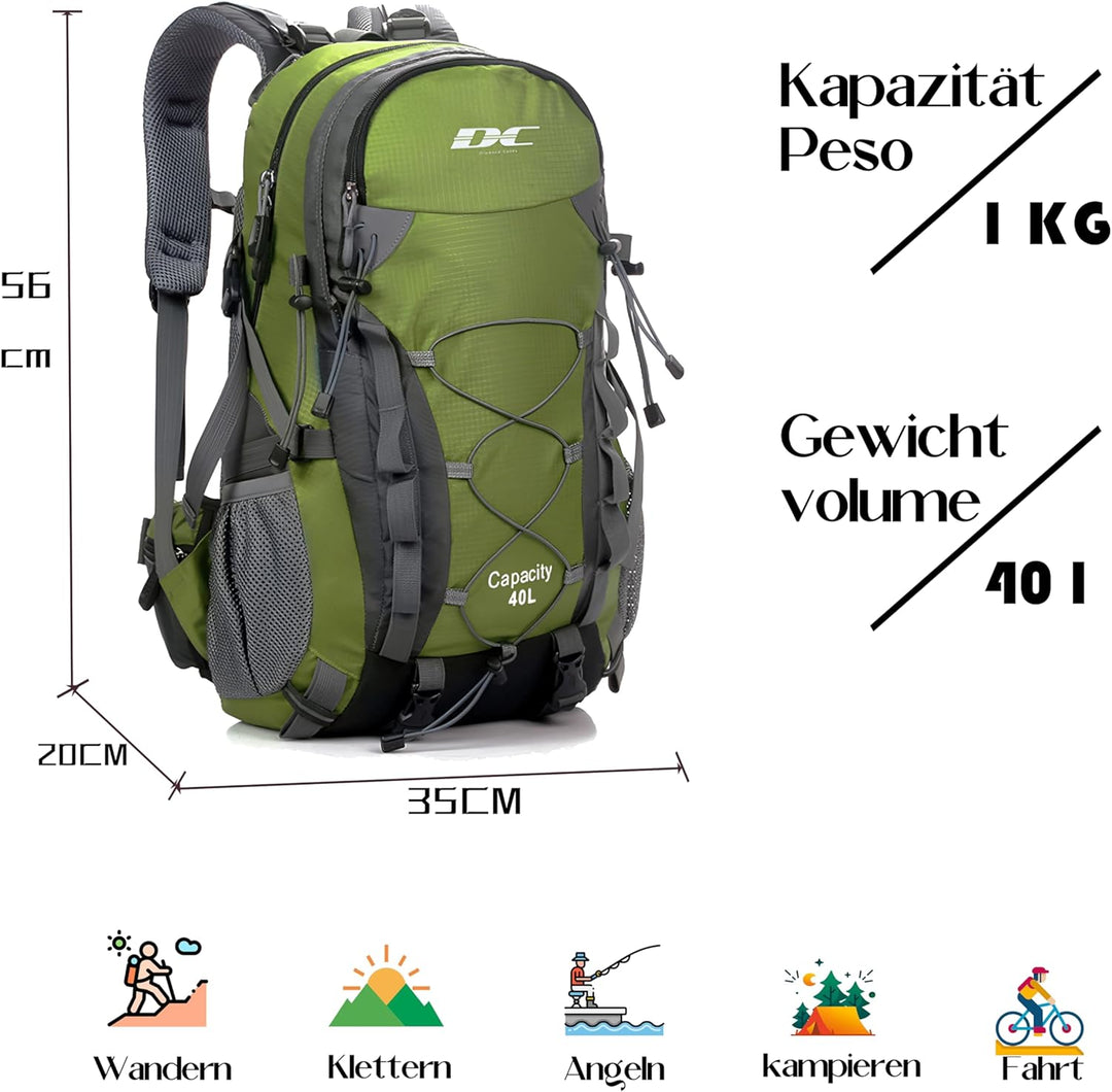 Wanderrucksack 40l Damen Herren Rucksack Wasserdicht Reiserucksack mit Regenschutz Laubgrün, Laubgr&