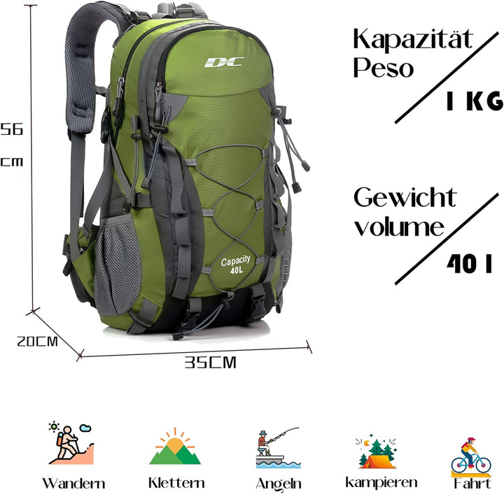 Wanderrucksack 40l Damen Herren Rucksack Wasserdicht Reiserucksack mit Regenschutz Laubgrün, Laubgr&