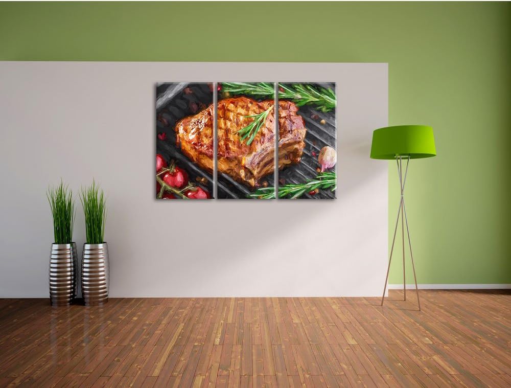 Pixxprint Steak mit Rosmarien garniert als Leinwandbild/Grösse: 3 Teilig (120x80) cm/Wandbild/Kunstd