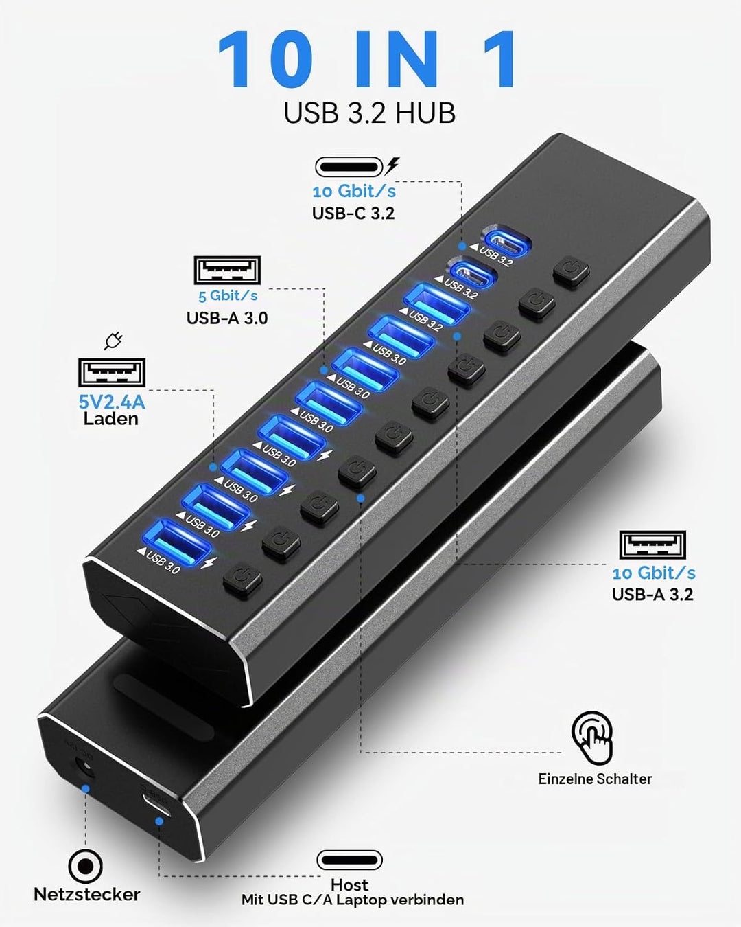 Powered USB Hub 3.2, 10-Port USB3.2/USB C Hub (10Gbps USB-A 3.2 +2 USB-C 3.2 +7 USB 3.0 Ports) mit i