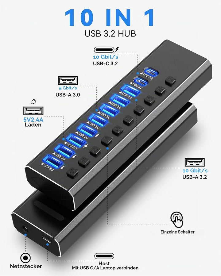 Powered USB Hub 3.2, 10-Port USB3.2/USB C Hub (10Gbps USB-A 3.2 +2 USB-C 3.2 +7 USB 3.0 Ports) mit i