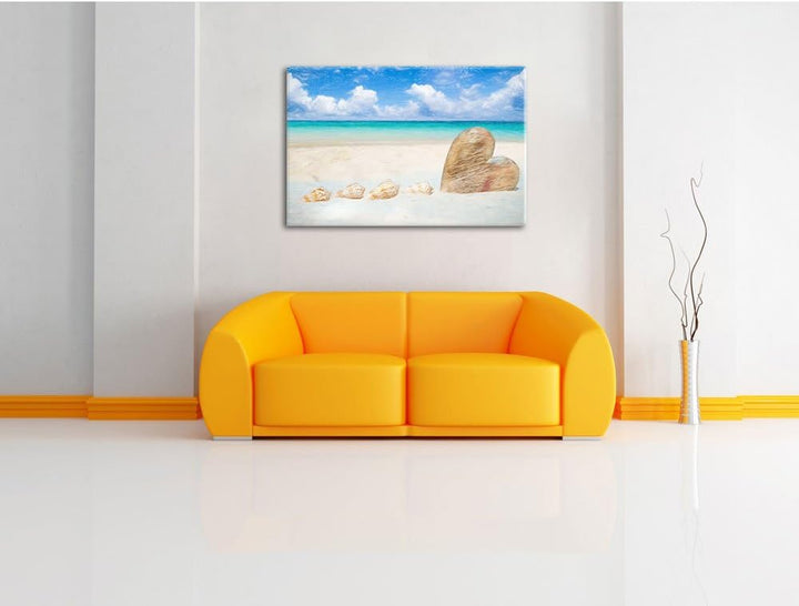 Pixxprint Weisser Sandstrand mit Muscheln Bunstift Effekt, Format: 100x70 auf Leinwand, XXL riesige