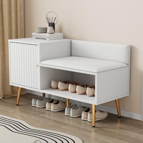 Merax Schuhbank mit Sitzfläche – Luxus Schuhregal mit gepolsterter Sitzbank und Rückenlehne, Metallg