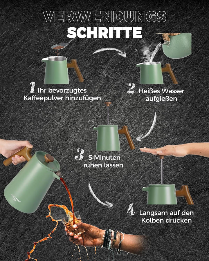 POLIVIAR 7379 French Press 1 Liter Edelstahl, Doppelwandige French Press Thermo Kaffeepresse mit Hol