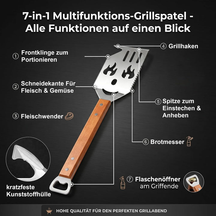 7 in 1 grillspachtel für Barbecue Grill Multifunktion Grillbesteck mit Holzgriff Geschenke für Männe