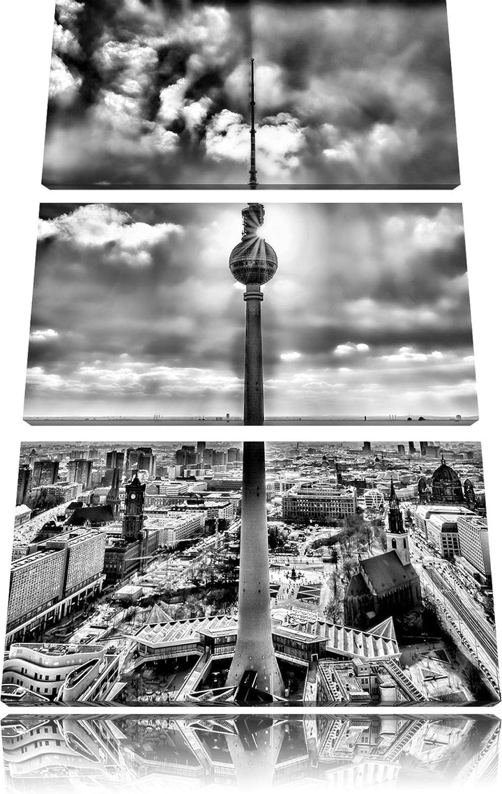Pixxprint Monocrome, Grossstadt Fernsehturm, Berlin City 3-Teiler Leinwandbild 120x80 Bild auf Leinw