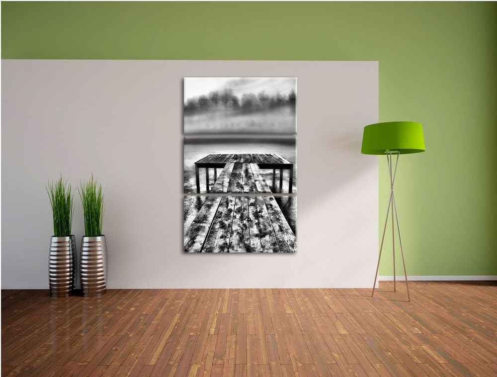 Pixxprint Steg am See Nebel als Leinwandbild/Grösse: 3 Teilig (120x80) cm/Wandbild/Kunstdruck/fertig