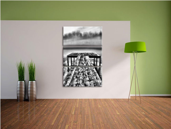 Pixxprint Steg am See Nebel als Leinwandbild/Grösse: 3 Teilig (120x80) cm/Wandbild/Kunstdruck/fertig