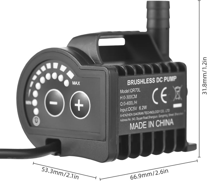 Elektrische Wasserpumpe, QR70L 5V 6.2W 0-400L/H Mikro Tauchwasserpumpe, 8 Stufen Einstellbar Drehzah
