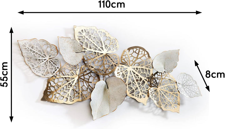 Kobolo Wanddeko Metallbild 3D - GOLDEN Leaf - aus Metall in Gold und weiss