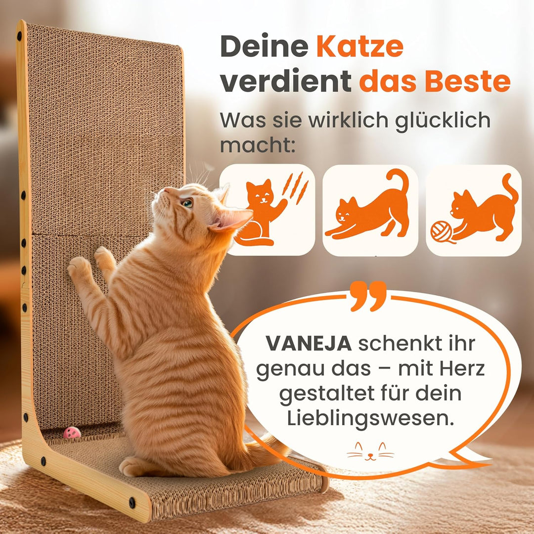 XXL Kratzbrett Katze 70 cm L-förmige Kratzpappe mit Ballspielzeug und Katzenminze, widerstandsfähige