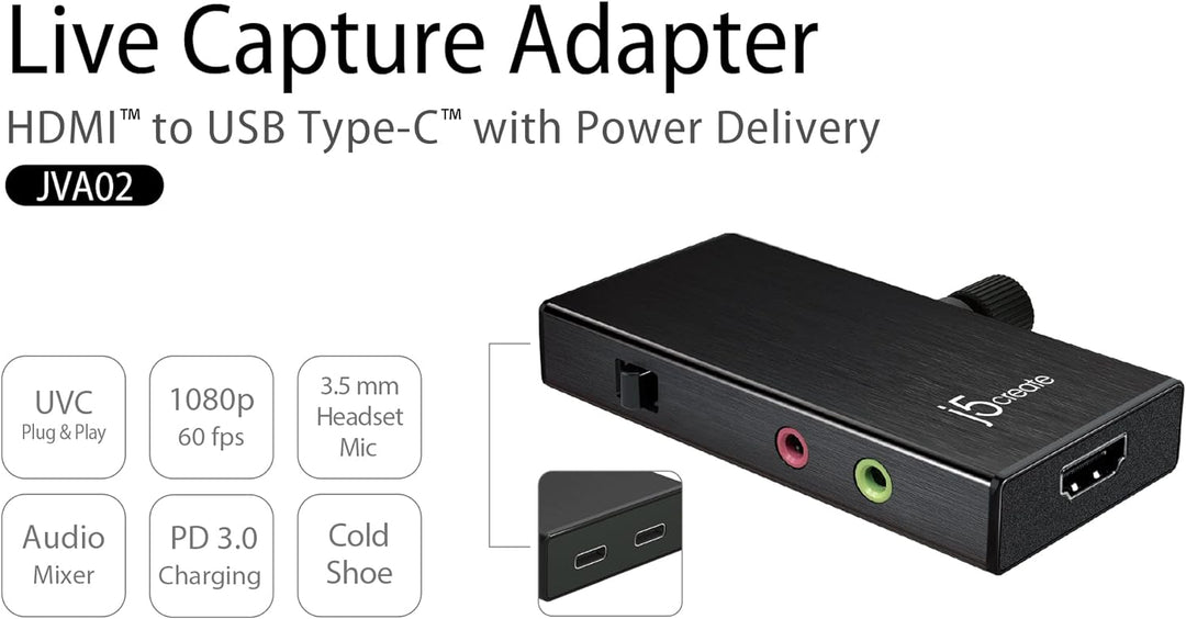 j5create Live-Videoaufnahmekarte - HDMI zu USB-C, unterstützt 1080p 60FPS Video- und Audioaufzeichnu
