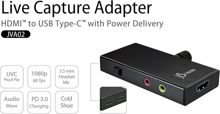 j5create Live-Videoaufnahmekarte - HDMI zu USB-C, unterstützt 1080p 60FPS Video- und Audioaufzeichnu