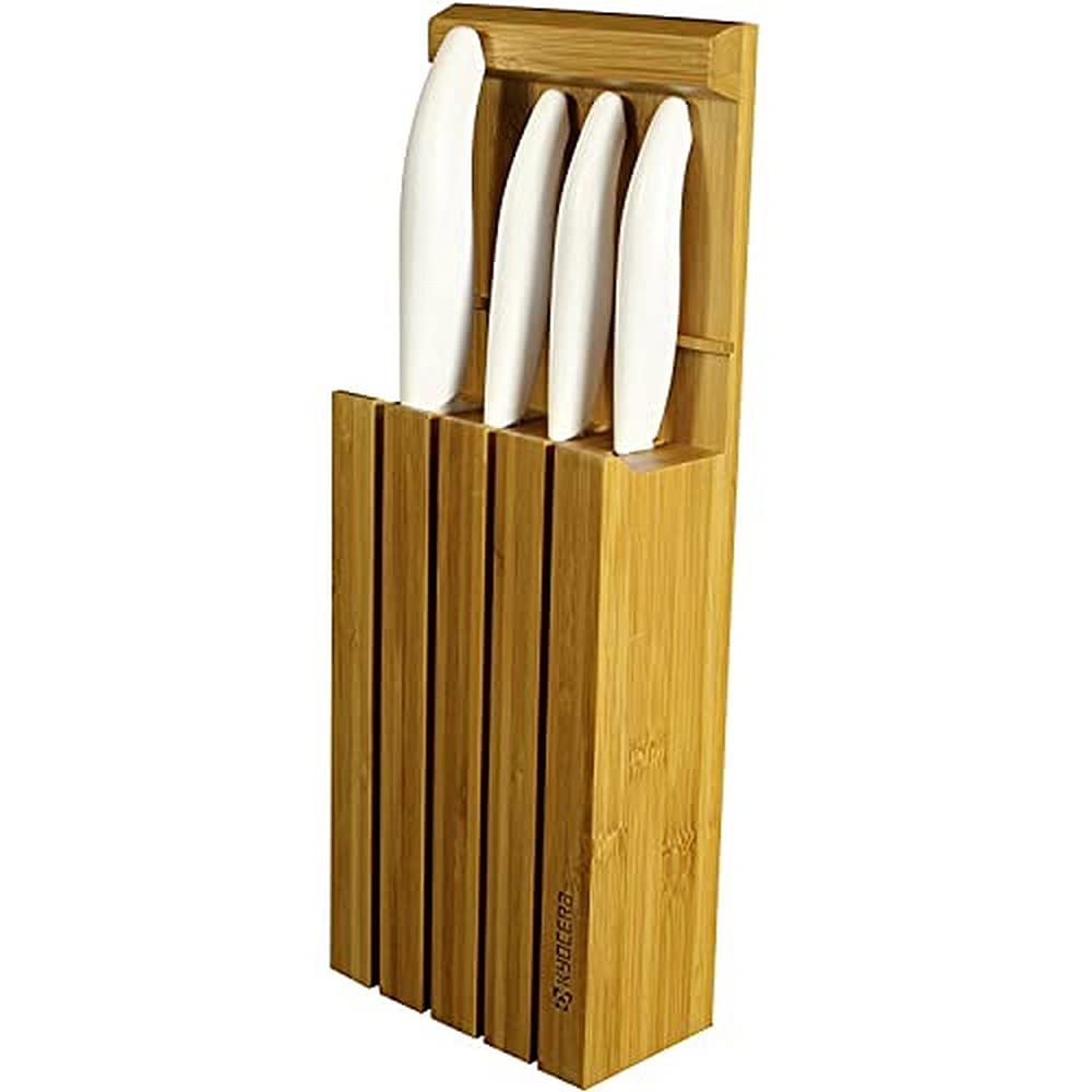 Kyocera Bamboo Block mit 4 GEN White Messern Messerblock, Bambusholz, Bambus Holz, 34 x 12,3 x 6,6 c