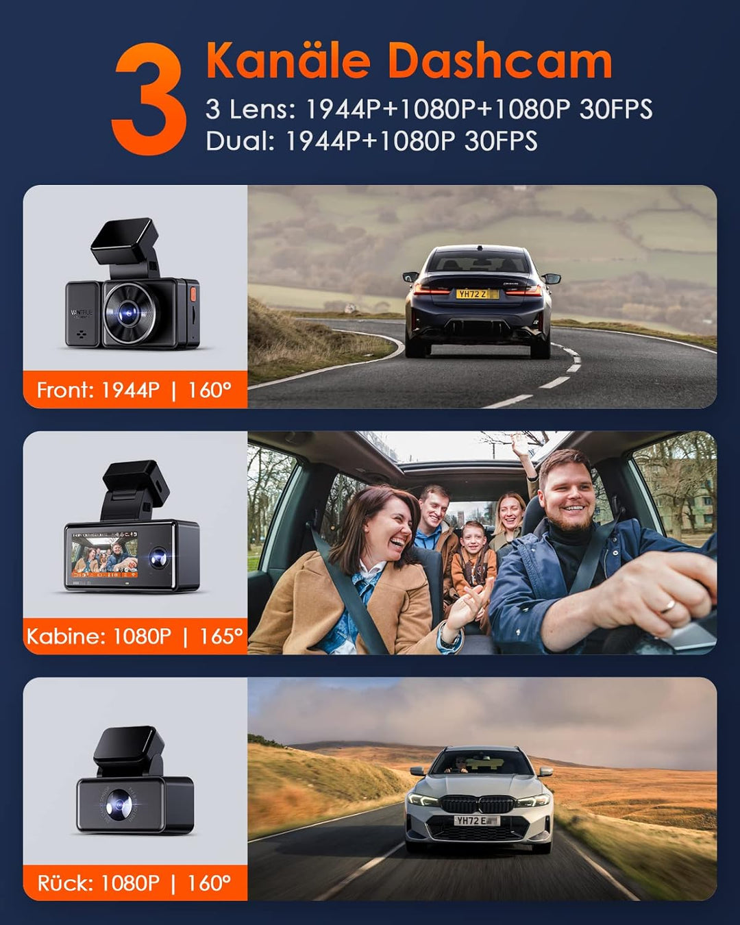 VANTRUE E3 3 Lens Dashcam 5GHz WiFi mit Sprachsteuerung , 1944P + dual 1080P Vorne Hinten Auto Kamer
