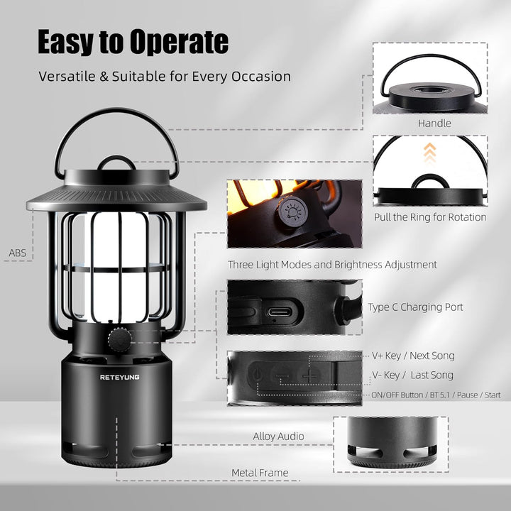 RETEYUNG Outdoor Bluetooth-Lautsprecher mit Flammenlicht,IP65 Wasserdichte Campinglampe,3 Beleuchtun