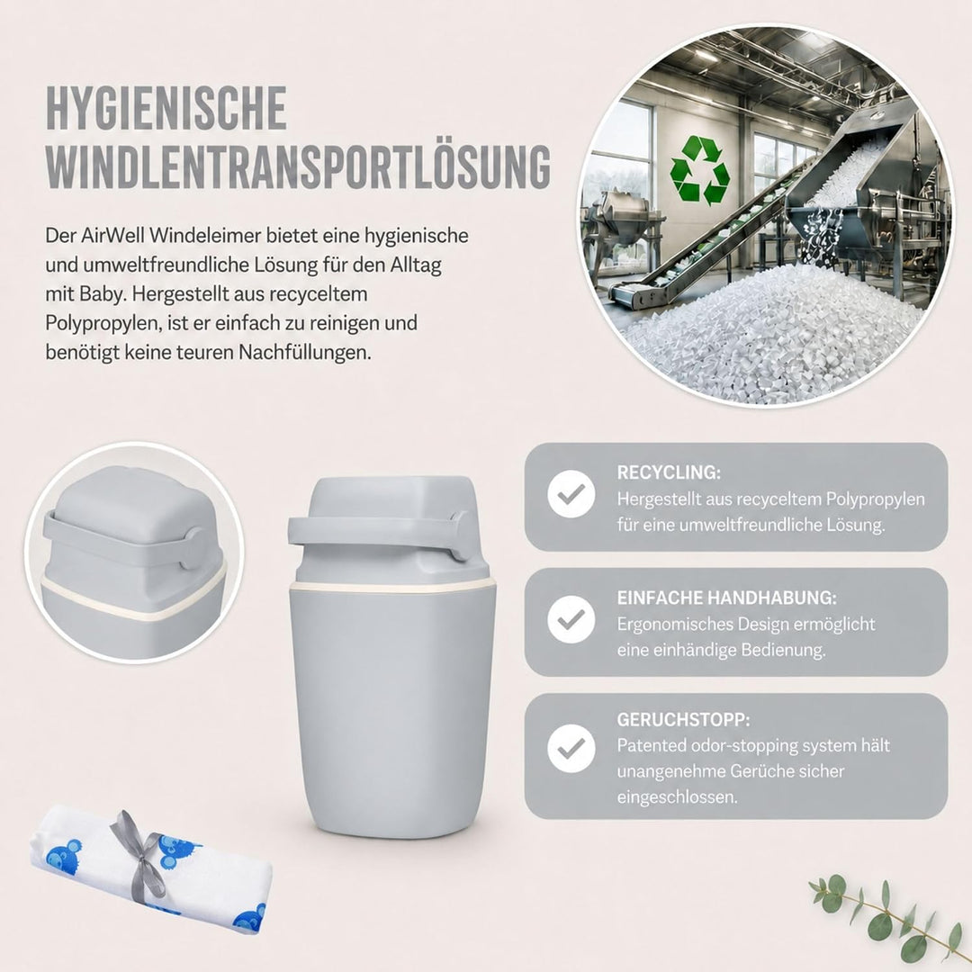 AirWell Windeleimer Geruchsdicht & Windel Blaubaer - Wickeleimer, mit Geruchsstopp-System, Einhändig