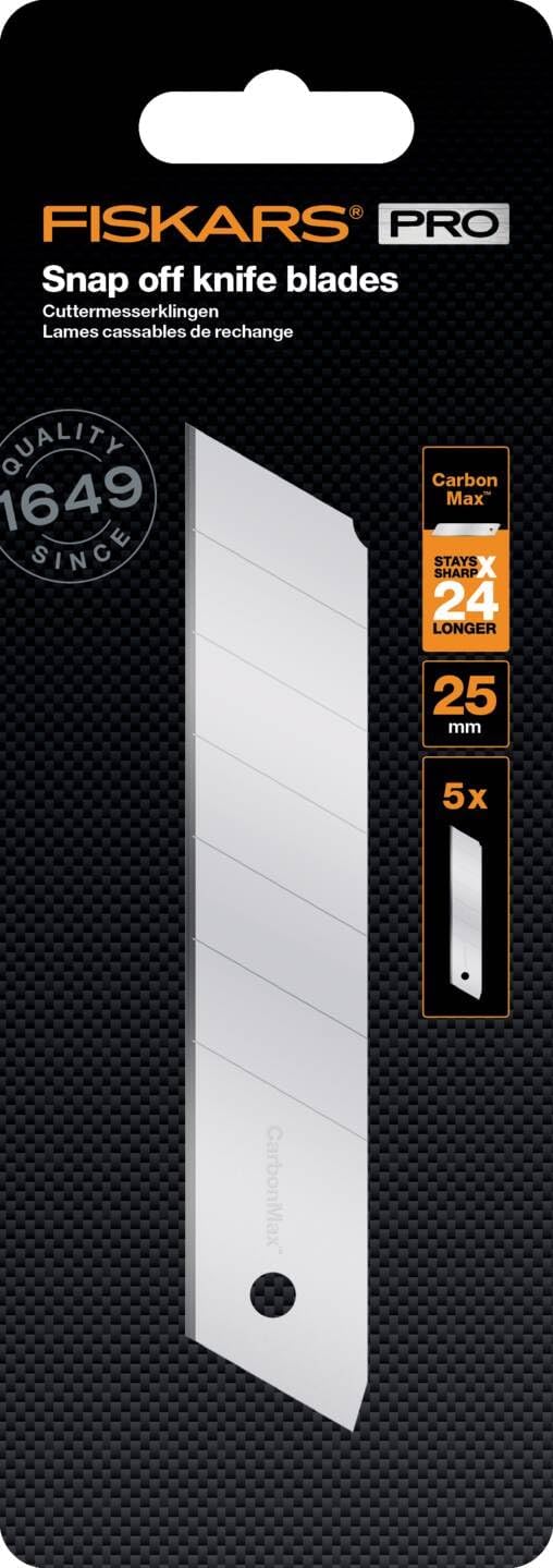 Fiskars Abbrechklingen, Für Fiskars Cuttermesser, 25mm, Rostfreier Stahl, 5er Pack, CarbonMax, 10272