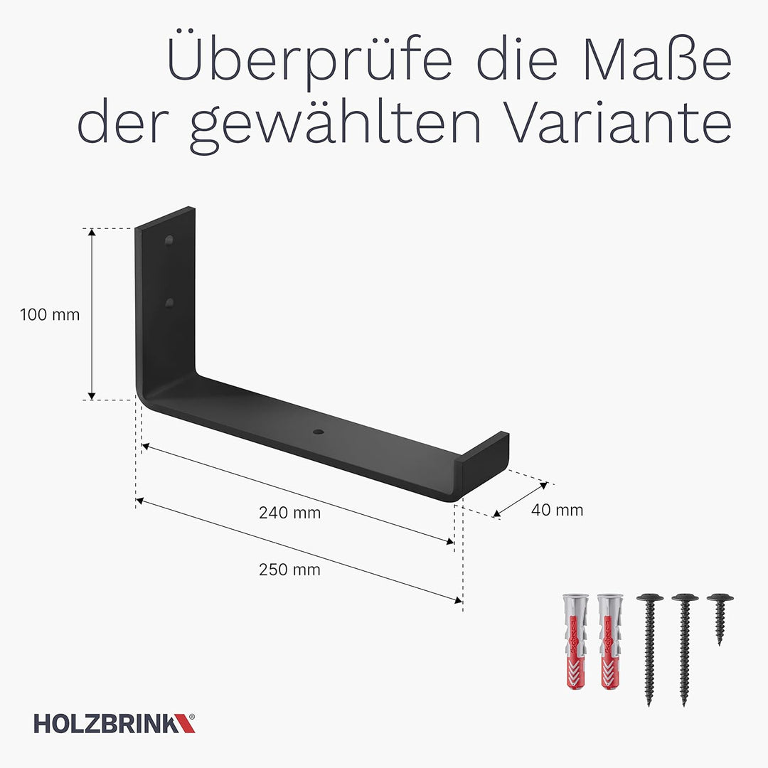HOLZBRINK Metall Regalträger Regalhalter für Wandregal, Wandhalterung schwarz 250mm, 10 Stück, HLR-J