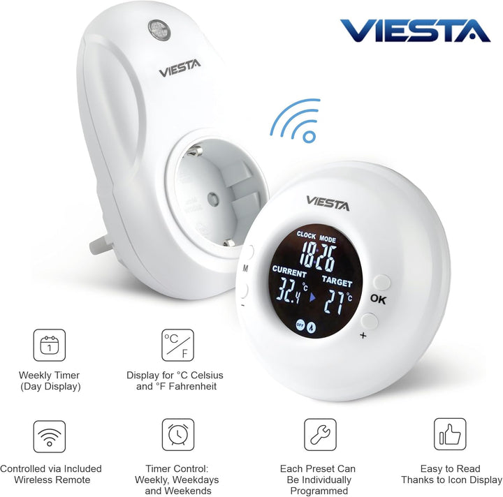 TH20 Funk-Steckdosenthermostat (230V/3600W) – Digital, programmierbar, mit Fernbedienung, Wochenprog