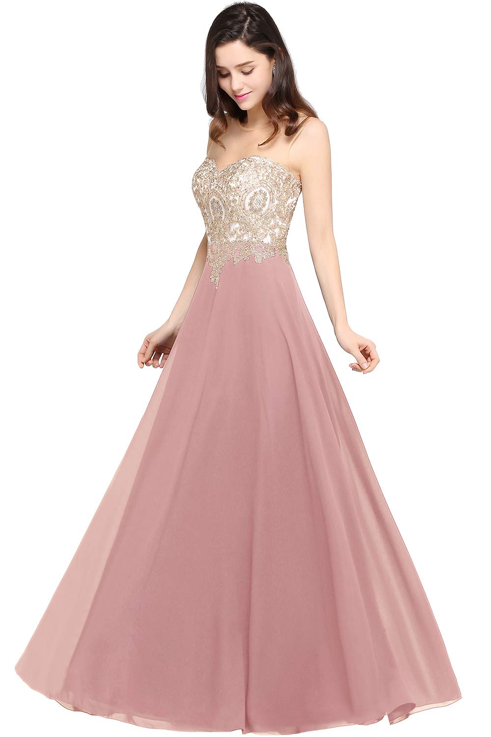 Misshow Abendkleid Chic Lang mit floralen Applikationen aus Chiffon Gr. 38 Tiefenrosa., 38 Tiefenros