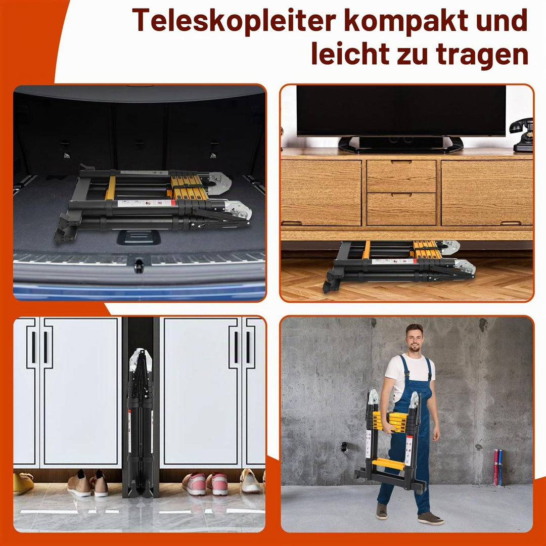 Cecaylie Teleskopleiter Klappleiter Aluminium, 3.8M(1.9M+1.9M) Ausziehbare Leiter mit Stabilisatoren