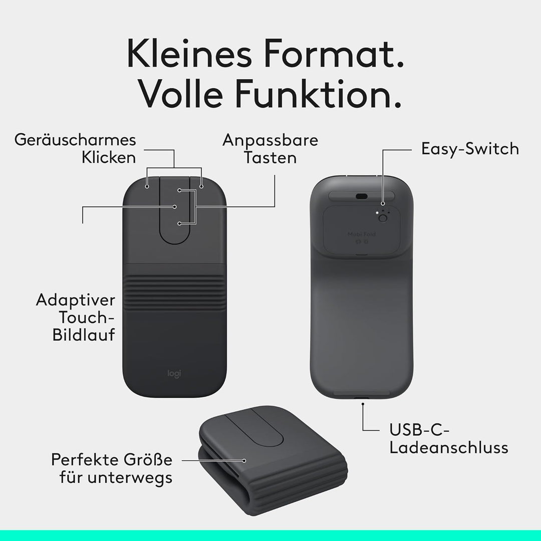 Logitech Mobi Fold, ultramobile Maus für unterwegs, klein und leicht, Touch-Scroll, leise Klicks, 4K
