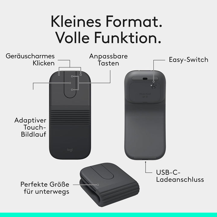 Logitech Mobi Fold, ultramobile Maus für unterwegs, klein und leicht, Touch-Scroll, leise Klicks, 4K