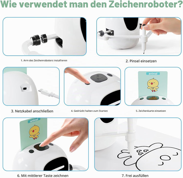 Zeichenroboter für Kinder ab 3 Jahren – sprachinteraktiver Malroboter mit 100 Lernkarten, 4 Stiften,