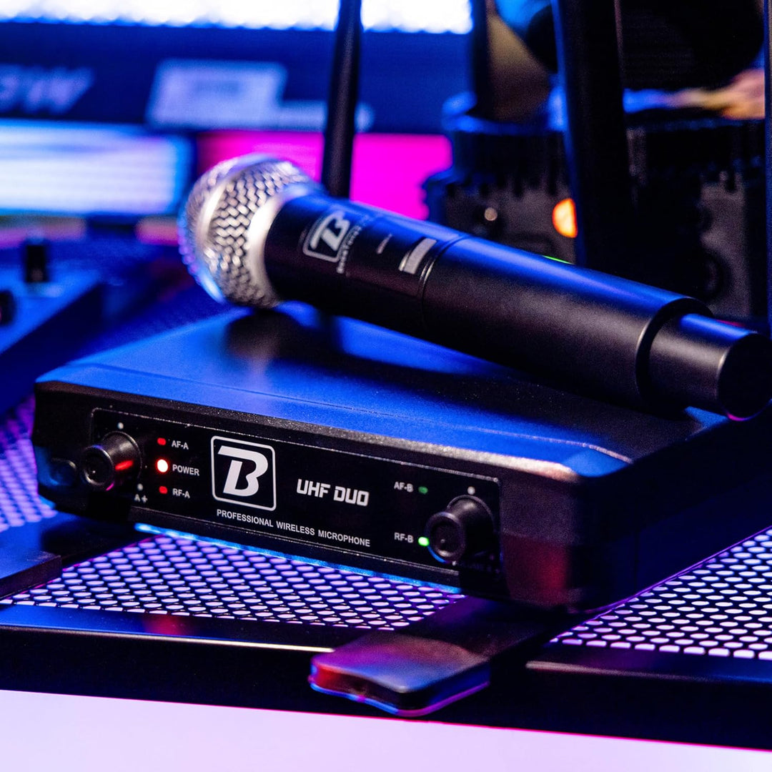 BoomToneDJ UHF Duo – komplettes kabelloses UHF-Mikrofonsystem – 2 dynamische Handmikrofone – Dual Ch