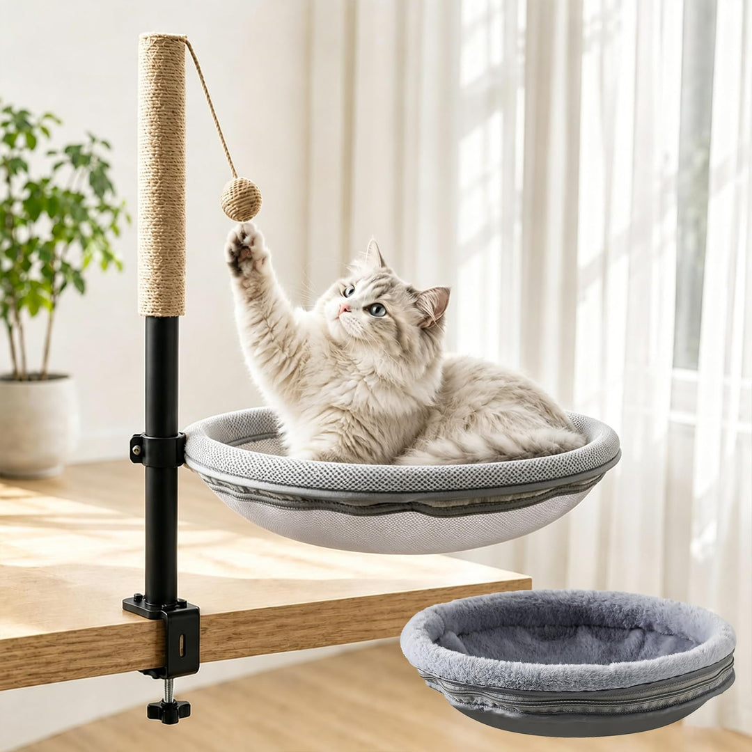 Katzenbett Schreibtisch Katzenplattform 360° Drehbar Höhenverstellbar | Katzenhängematte mit Grau Ne