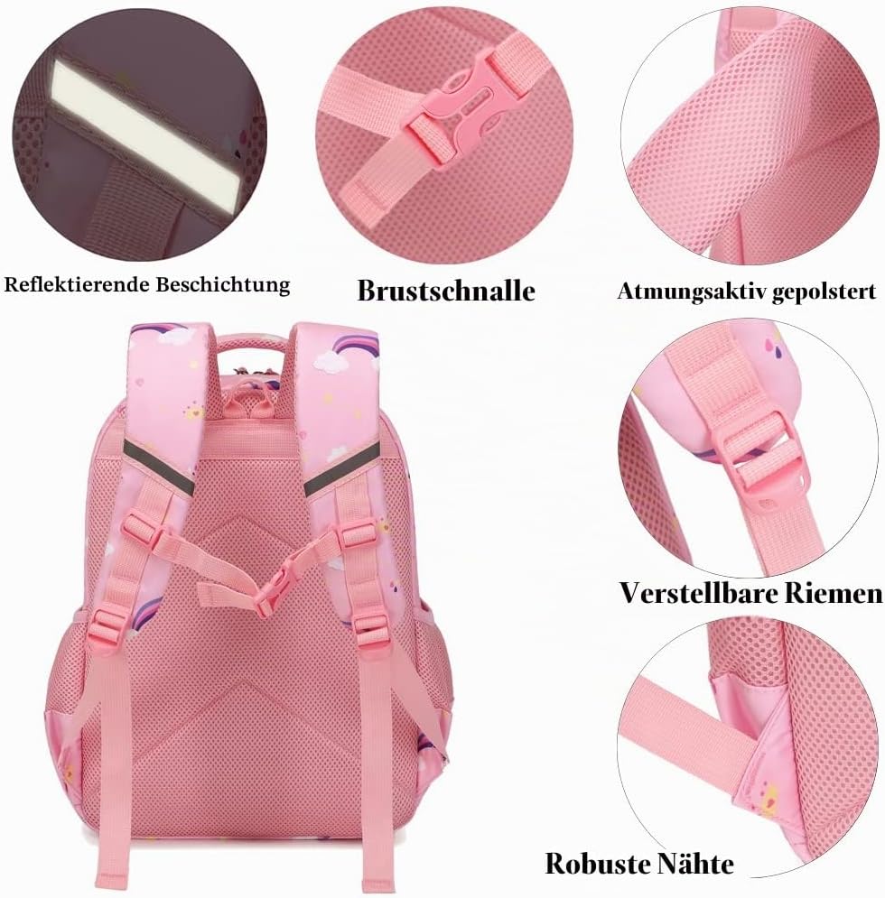 Kinderucksack Einhorn für Mädchen Schulrucksack Rucksack Kinder Schultasche 3 in 1 Schultaschen Sets