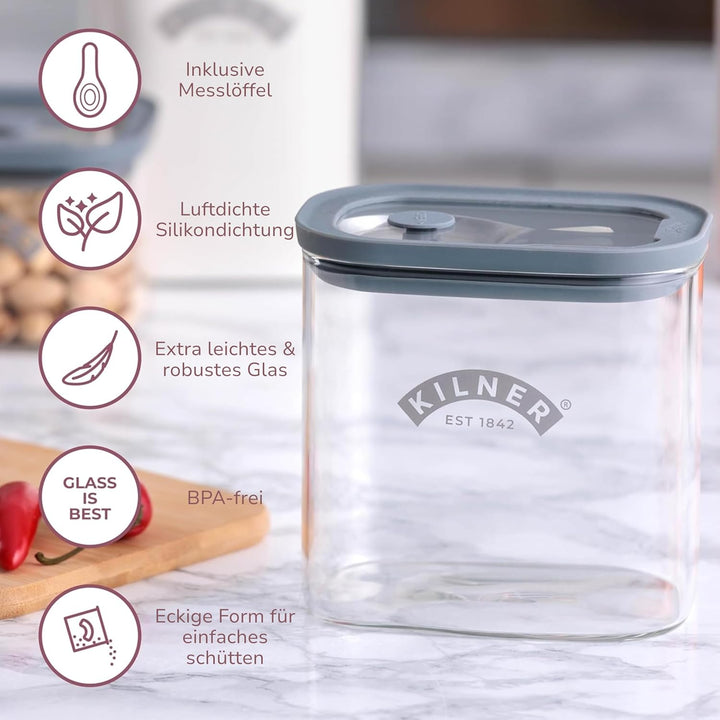 Kilner Gewürzglas mit Messlöffel, 700 ml, transparente Gewürzdose mit luftdichtem Deckel, hochwertig