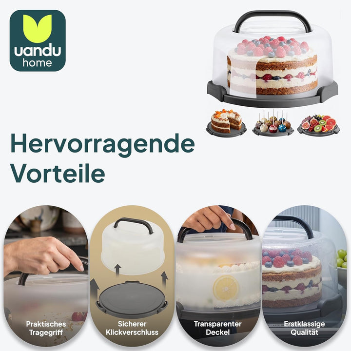 uandu Kuchen Transportbox rund, Tortentransportbox mit Haube und Griff. Box mit Deckel, Aufbewahrung