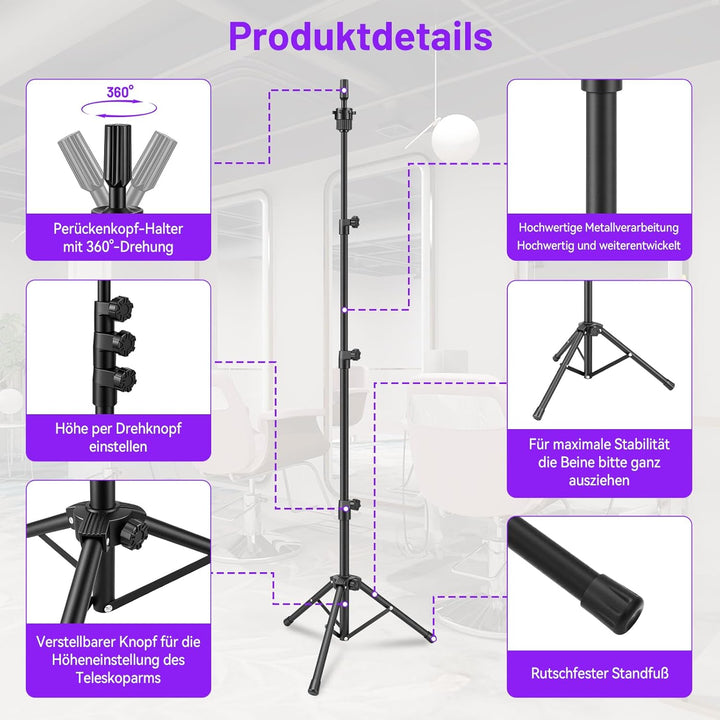 TwoWin 55 Zoll (140cm) Perückenständer, Frisierkopf Ständer, Verstellbar Schaufensterpuppen kopfstän