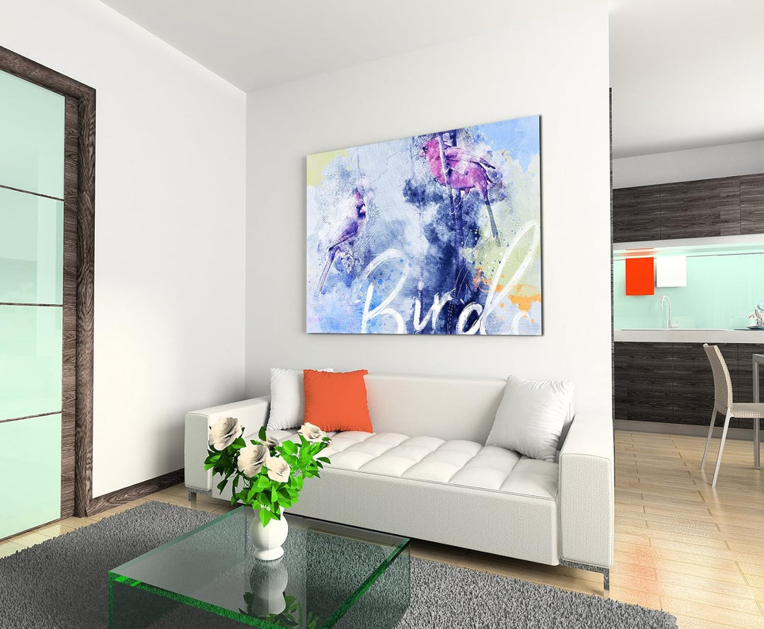 Paul Sinus Art Bild Leinwand 120x80cm Vögel auf Zweigen in Blautönen mit Kalligraphie, 120x80cm