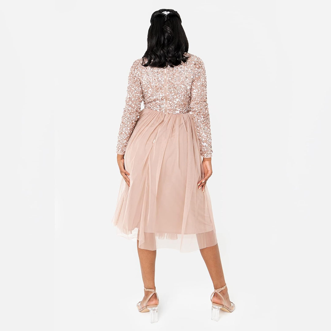 Maya Deluxe Midi Elegant Hochzeit Ärmel Tiefer V Ausschnitt Pailletten Cocktailkleid Abschlussball B