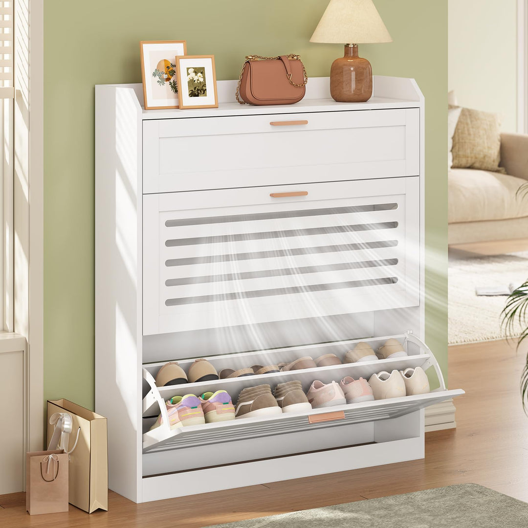 Schuhschrank mit 2 Klappen, Schublade, Schuhkipper Schmal, Trennwand Verstellbar, für 12-16 Paar Sch