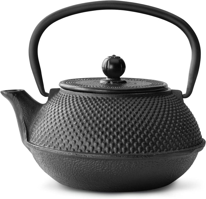 Teekanne asiatisch Gusseisen Set schwarz 0.8 Liter mit Edelstahl Tee-Filter-Sieb-Einsatz für losen T