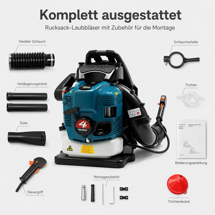 Laubbläser Benzin Rucksack 75,6 CCM 4-Takt 498 CFM Luftvolumen | 2600 W 7000 U/min Ideal für Rasenpf