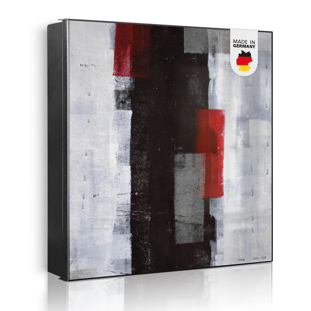 banjado® Grosser Schlüsselkasten Glas/Schlüsselbox 30cm x 30cm mit 50 Haken - Motiv Abstrakt Rot/Sch