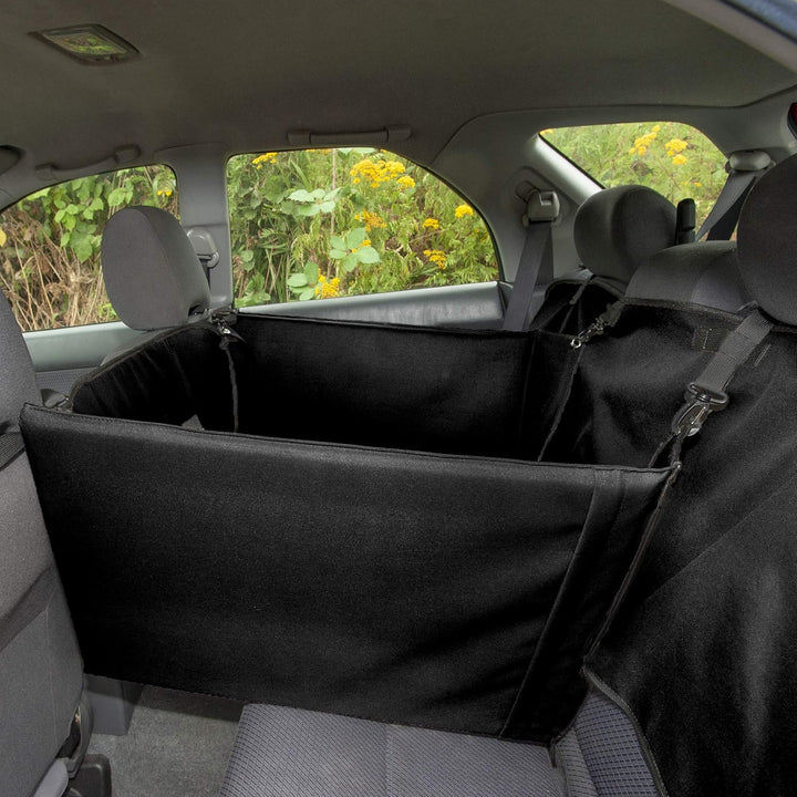 Furhaven Deluxe Multi-Panel Hard Bottom Platform Bridge Backseat Protector w/Travel Bag - Black, One