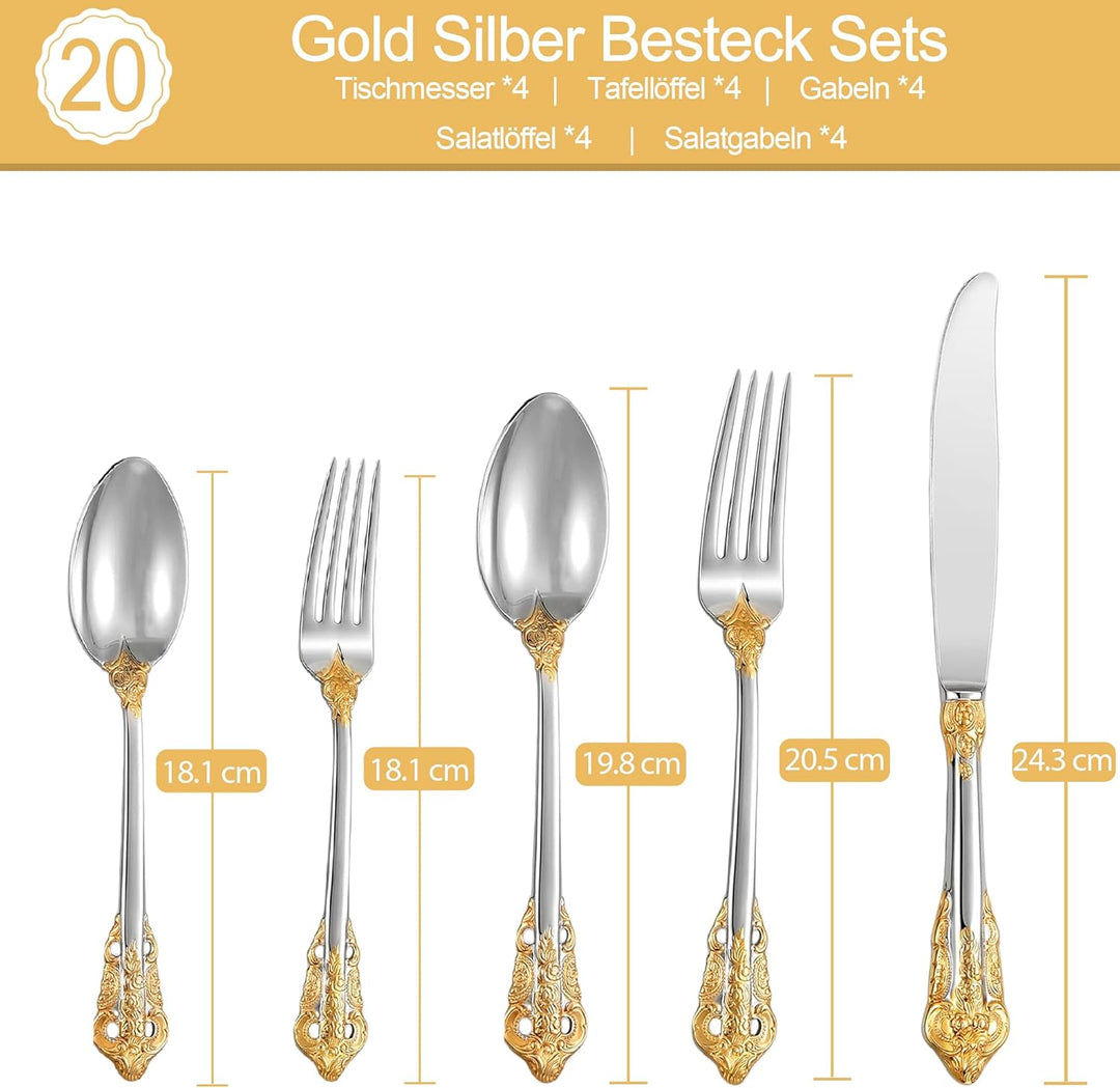 Prächtiges Barock Gold Silber 18/10 Edelstahl Besteck-Set mit 20 Teilen, rostfreies Edelstahl Bestec