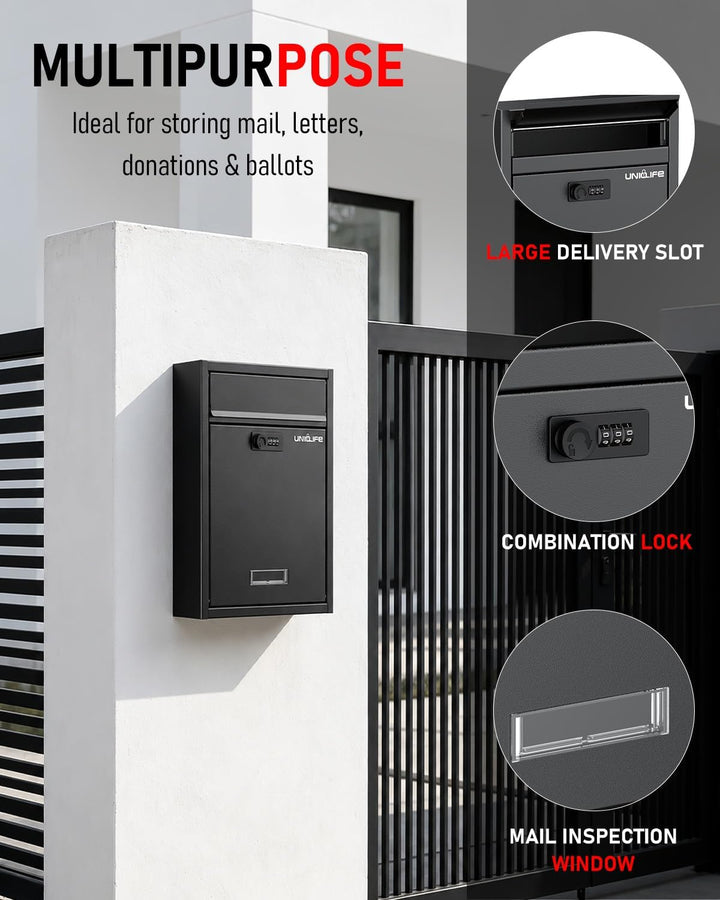 Uniclife Wall Mount Mailbox für aussen, grosse Ablagefach mit Zahlenschloss, Sicherheit Schliessung