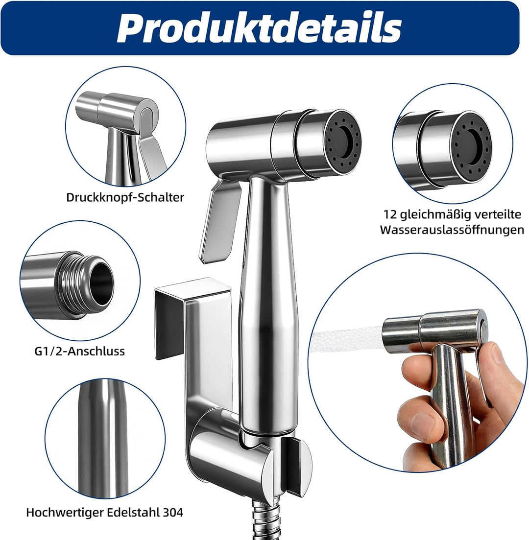 Bidet Handbrause Set, Hand Gehalten Bidet Sprayer Edelstahl mit Ventil T-Adapter (G1/2''-3/8''), 150