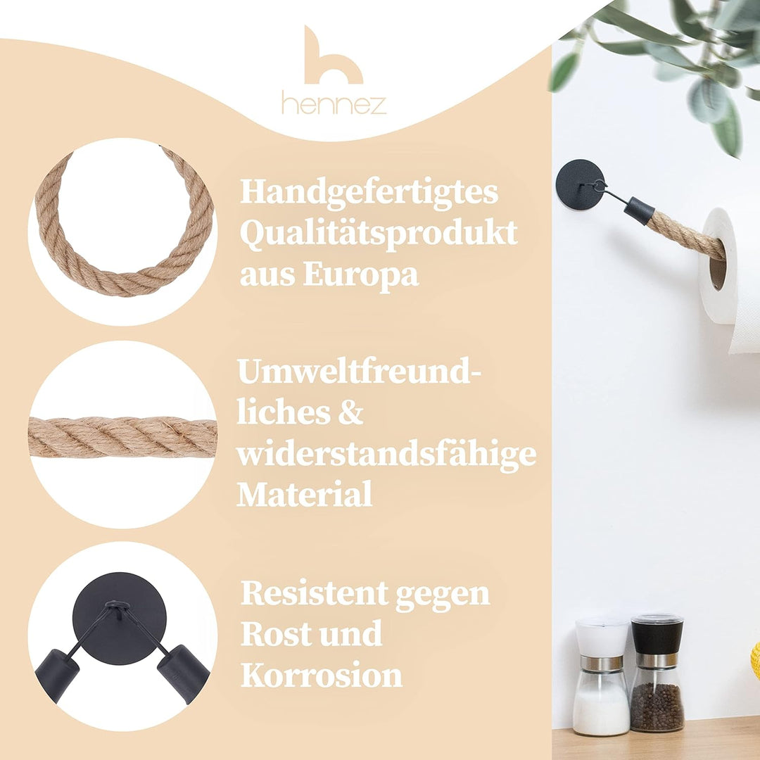 Hennez Handtuchhalter Jute Seil – Wand, Bad ohne Bohren – Küche Kleben statt Bohren – Geschirrtuchha